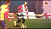 Training skills  Xuts a porteries petites d'Andrés Iniesta durant l'entrenament