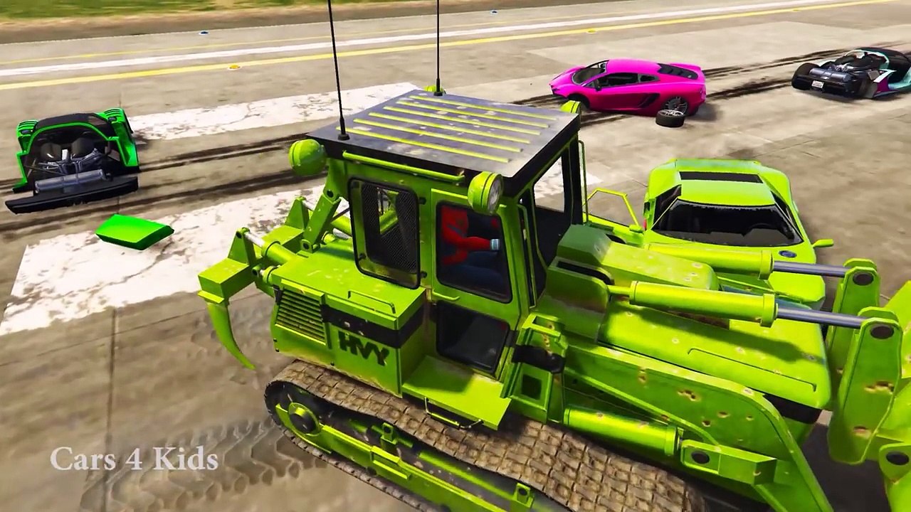 Funny BULLDOZER and COLORS CARS in Spiderman Cartoon for Kids with Childrens Nursery Rhymes Songs