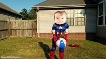 Crying Baby Superheroes in Real Life Captain America and Superman Play with Inflatable Ball