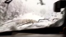 Un train roule après une tempête de neige