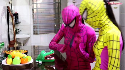 Pink Spidergirl & Yellow Spider-girl vs Venom vs Spiderman with Crocodile Dentist in Real Life