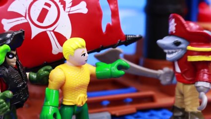 Superheroes Pirate Ship with Shark Captain Detains Batman and The Flash with Superman Walk the Plank