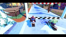 Spiderman & Hulk ride Snow Bikes & have Fun in Toboggan & Toy Story Woody   race Disney Cars Mcqueen