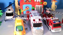 Caterpillar Crash & Mighty Fire Engine Helicopter Ambulance Rescue Vehicles at Crash Toy Review