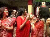 Rituparna Sengupta dancing at a puja pandal after sindoor khela.