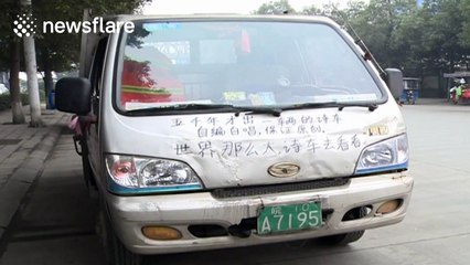 Creative workman covers his truck in poetry