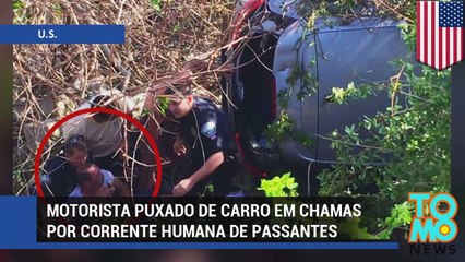 Carro em chamas causa uma reação em cadeia em passantes.