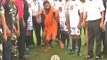 Baba Ramdev promotes football for PM Narendra Modi’s Swachh Bharat Abhiyan