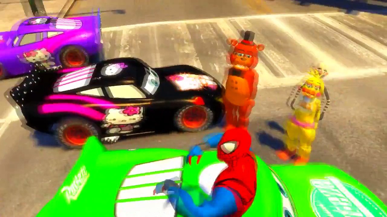 Five Nights at Freddys meets Amazing Spiderman and McQueen Colorfull Cars Nursery Rhymes