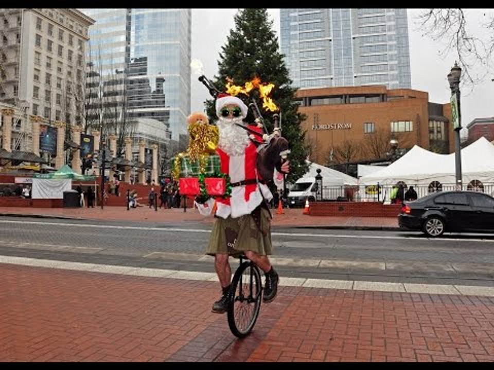 Unicycling Santa Plays 'Ode to Joy' on Flaming Bagpipes