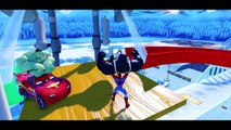 The Amazing Spiderman rides Snow Bikes & Hulk Venom have Fun in Toboggan + race Disney Cars Mcqueen