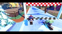 Spiderman & Hulk ride Snow Bikes & have Fun in Toboggan & Toy Story Woody race Disney Cars Mcqueen