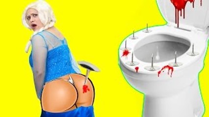 Frozen Elsa Toilet PRANK! w/ Spiderman Joker Maleficent Baby Car Police Superheroes