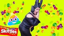 Maleficent Poo Rainbow Skittles with Spiderman & Captain America Superhero Fun in Real Lif