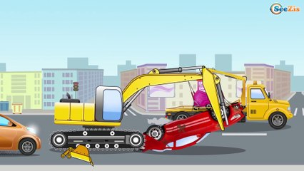 Car Accident with The Excavator & Racing Car on the road - Cars & Trucks Cartoon for kid Episode 48