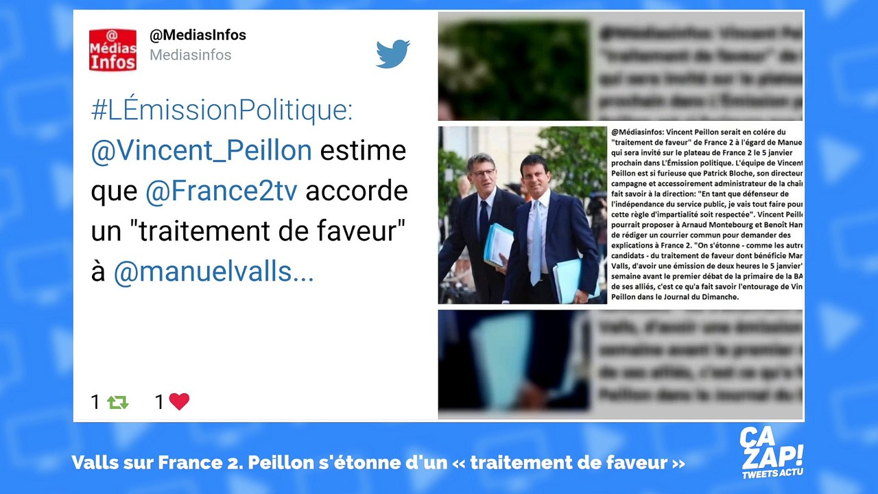 Vincent Peillon dénonce le "traitement de faveur" de Manuel Valls sur France 2