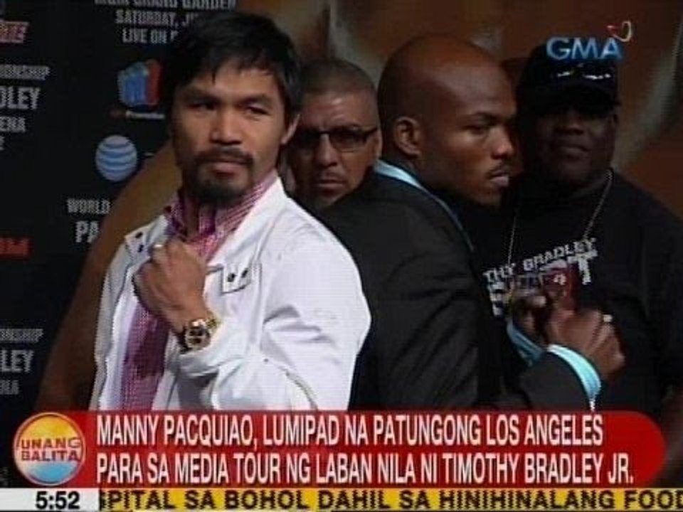 UB: Pacquiao, lumipad na patungong LA para sa media tour ng laban nila ni Bradley