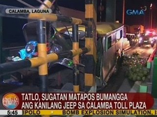 UB: 3, sugatan matapos bumangga ang kanilang jeep sa Calamba toll plaza