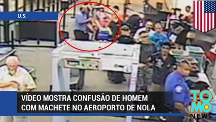 Homem louco enfurecido com uma machete no aeroporto de Nova  Orleans.