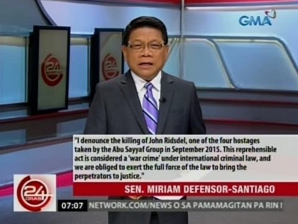 Sen. Miriam Defensor-Santiago, kinondena ang pagpugot ng Abu Sayyaf sa bihag na Canadian