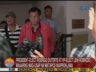 UB: President-elect Duterte at VP-elect Robredo, maaaring mag-usap na matapos maiproklama