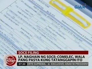 24 Oras: LP, naghain ng SOCE; Comelec, wala pang pasya kung tatanggapin ito