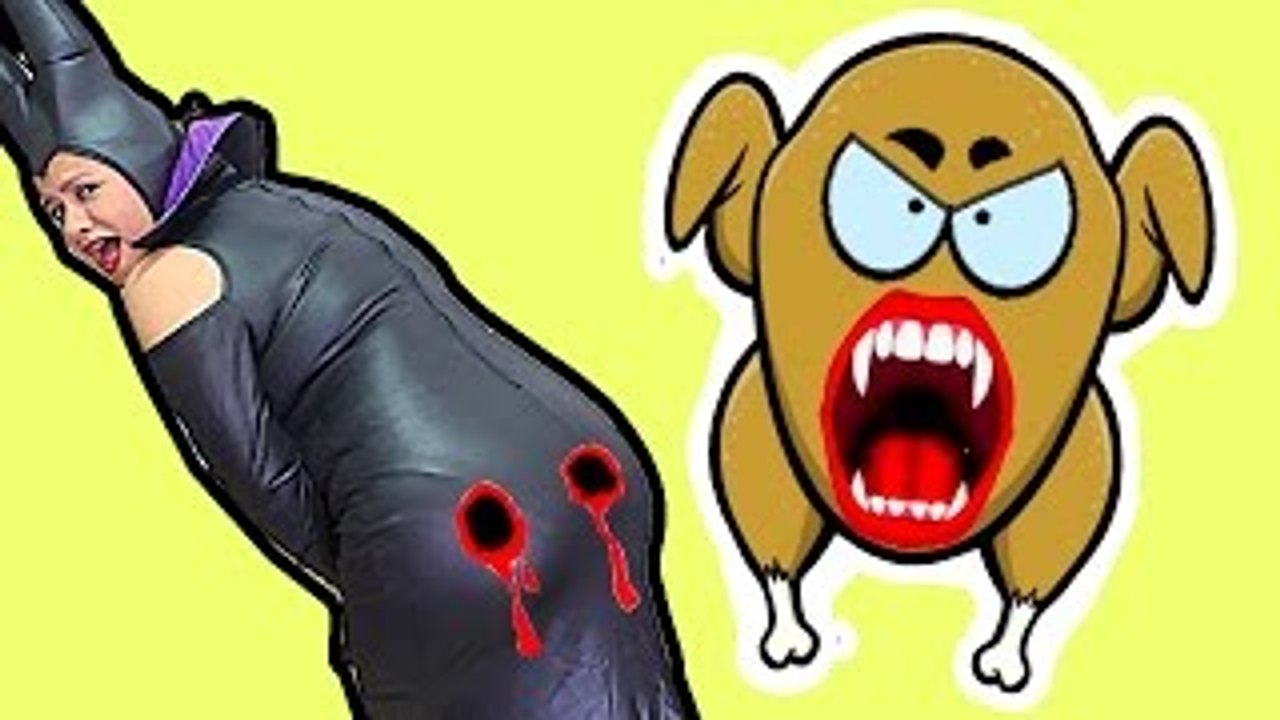 Vampire Turkey ATTACK vs Maleficent w/ Spiderman, Frozen Elsa Superhero Fun IRL