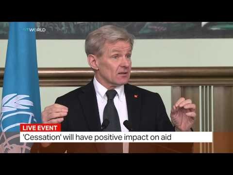 Staffan de Mistura and Jan Egeland speaking on Syria deal