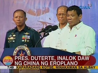 UB: Pres. Duterte, inalok daw ng China ng eroplano