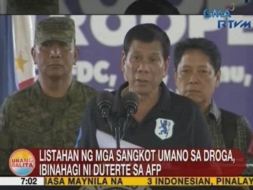 UB: Listahan ng mga sangkot umano sa droga, ibinahagi ni Pres. Duterte sa AFP