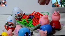 Peppa Pig with double Daddy pig unboxing Kinder Surprise Egg and eating Play Doh spaghetti