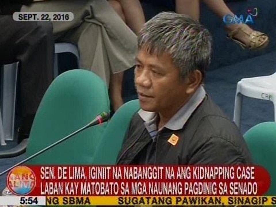UB: De Lima, iginiit na nabanggit na ang kidnapping case vs. Matobato sa mga naunang pagdinig