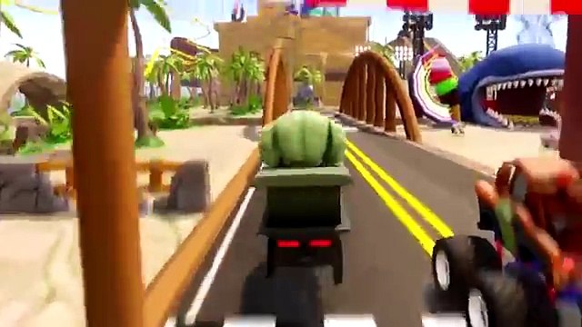 Monster Trucks for Children Kids - Spiderman vs Hulk & Donad Duck having Fun and Race in Toboggan