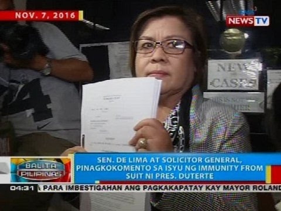 Sen. de Lima at solicitor general, pinagkokomento sa isyu ng immunity from suit ni Pres. Duterte