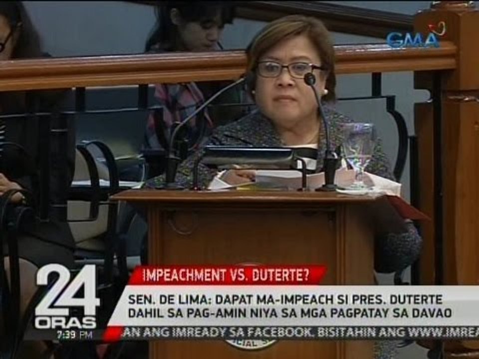 Sen. De Lima: Dapat ma-impeach si Pres. Duterte dahil sa pag-amin niya sa mga pagpatay sa Davao