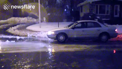 Canadian man ice-skates on frozen road