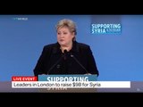 Norwegian Prime Minister Erna Solberg speaks at Syrian donor conference