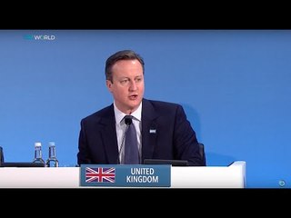 UK Prime Minister David Cameron speaks at a donation conference for Syria