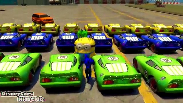 Disney Cars Lighting McQueen Minions vs Capitain America vs Blue Spiderman vs Hulk with Color Cars
