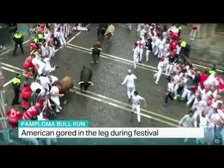 American gored in the leg during Pamploma Bull Run in Spain