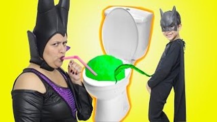 Maleficent DRINK FROM A TOILET w/ Batman Police TOYS Joker Spiderman Superheroes