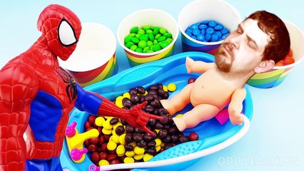 Bad Baby Doll Learn Colors Bath Time with Gumballs Skittles M&Ms & Poop - Learning Colours for Kids