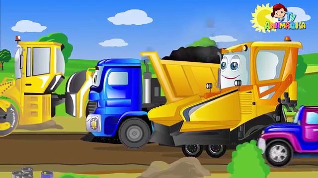 Мультики для детей про машинки и ремонт дороги. Джипик.Асфальтоукладчик.Самосвал.Каток.