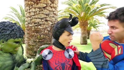 Spiderman Loses His costume Maleficent Gets Superman Powers w Frozen Elsa Hulk