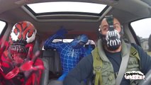 Superheroes Dancing in a Car: Blue Spiderman, Carnage, Bane & Green Alien! In Real Life Movie! B^)