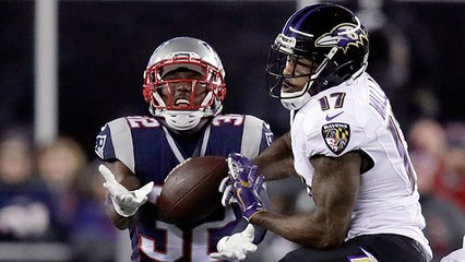 Joe Flacco intercepted on deep throw by Devin McCourty