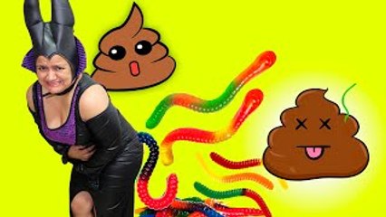 Maleficent Poop Gummy Worms w/ Spiderman, Captain America & Frozen Elsa Superhero Fun!