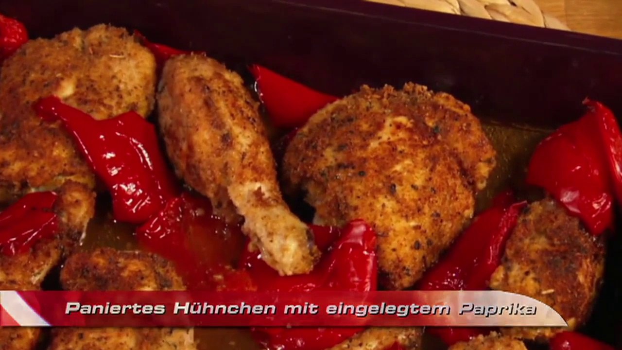 Paniertes Hühnchen mit eingelegten Paprika