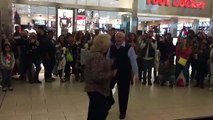 Transmit a song on the radio. An elderly couple does not resist and start dancing