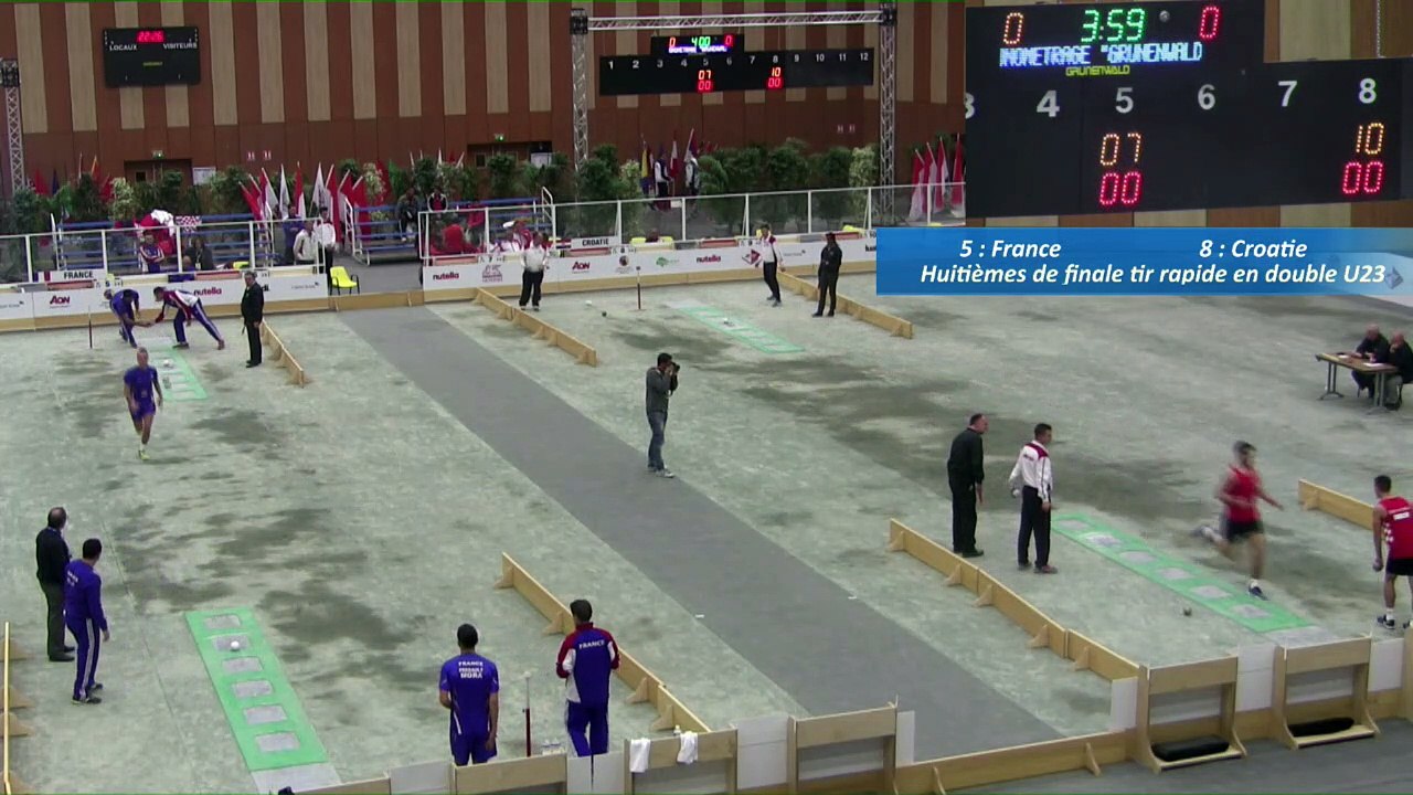 Huitièmes de finale, tir rapide en double U23, France et Croatie, Sport Boules, Mondial Jeunes, Monaco 2016